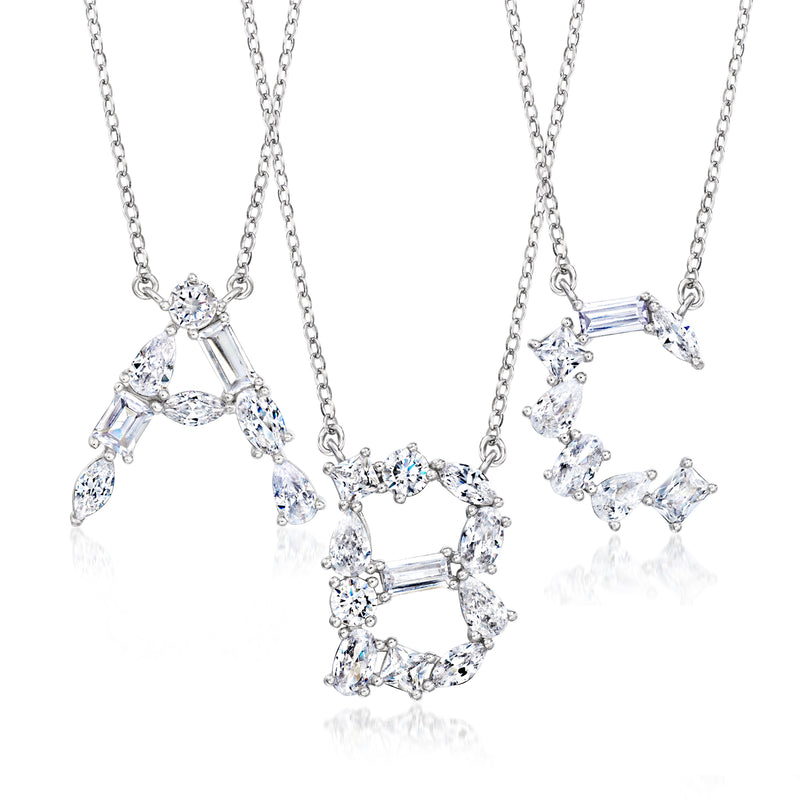 Sterling silver CZ initial necklace with marquise and round crystal stones