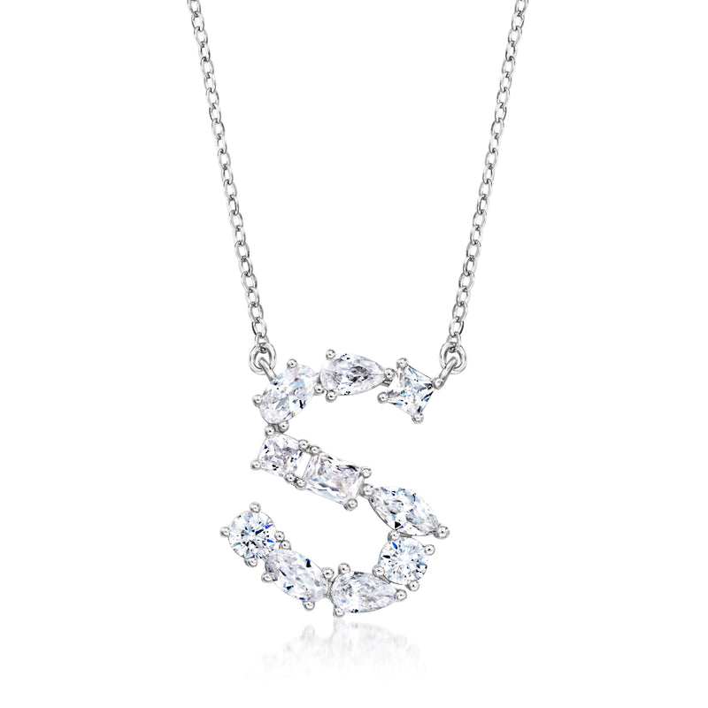 Sterling silver CZ initial necklace with clear stones set in an initial pendant front view