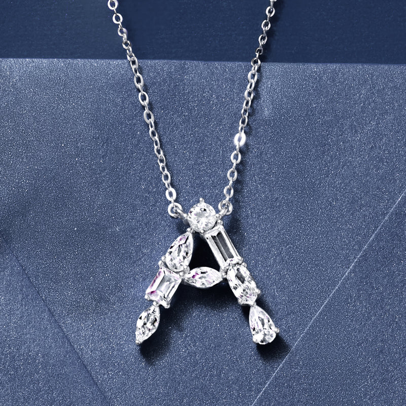 Sterling silver CZ initial letter necklace with mixed-cut cubic zirconia stone pendant