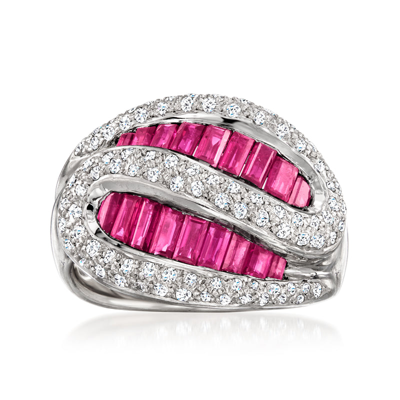 Platinum ruby and diamond swirl ring with pink baguette rubies and pavé diamonds