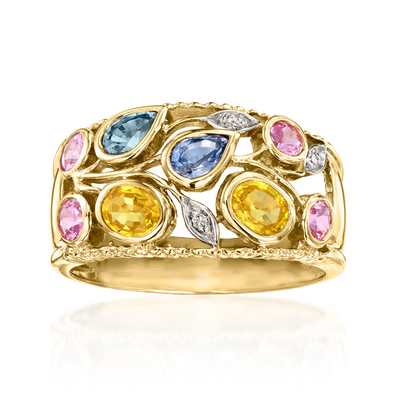 Vintage yellow gold ring with multicolored sapphires and diamond accents, oval stones