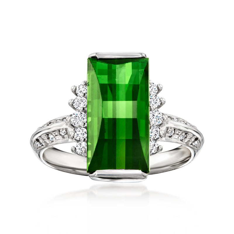 Platinum vintage-style ring with rectangular green tourmaline center and diamond accents
