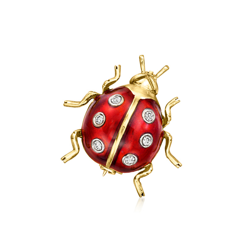 18kt yellow gold ladybug pin with red enamel and round diamond accents