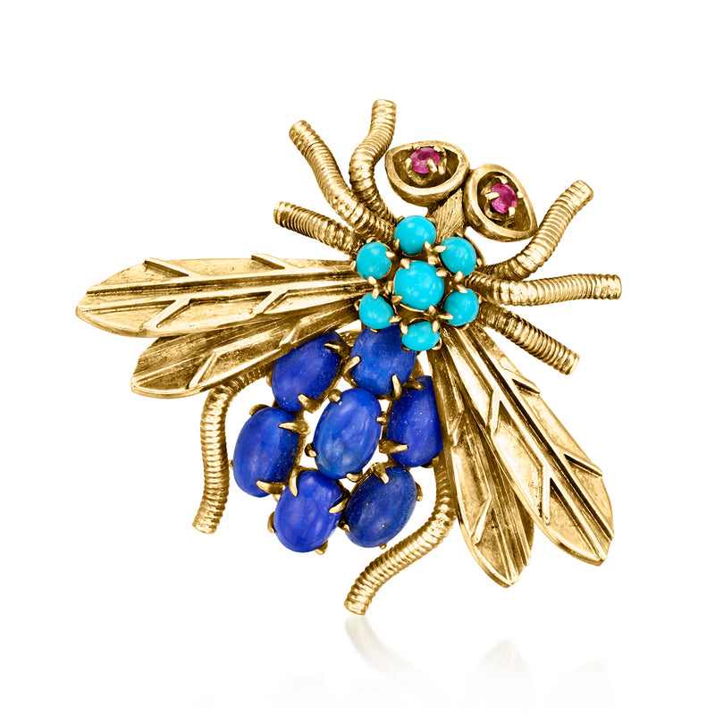 Vintage bumblebee pin in yellow gold with blue lapis, turquoise, and ruby accents