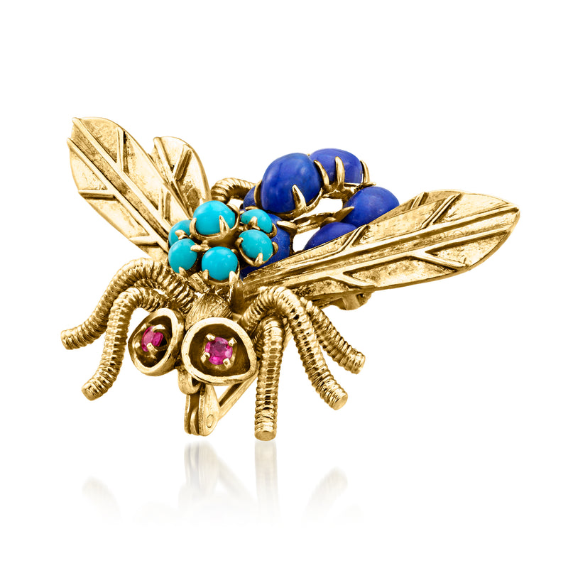 Gold bumblebee pin with blue lapis wings, turquoise clusters, and pink ruby cabochons