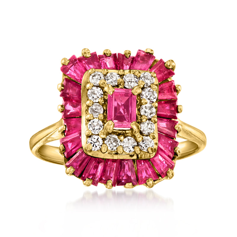 Vintage 14k yellow gold ring with square pink ruby center and diamond halo accents