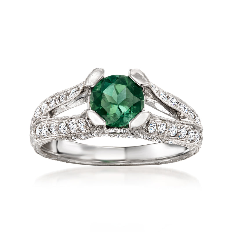Vintage 18kt white gold ring with round green tourmaline and diamond-accented split shank
