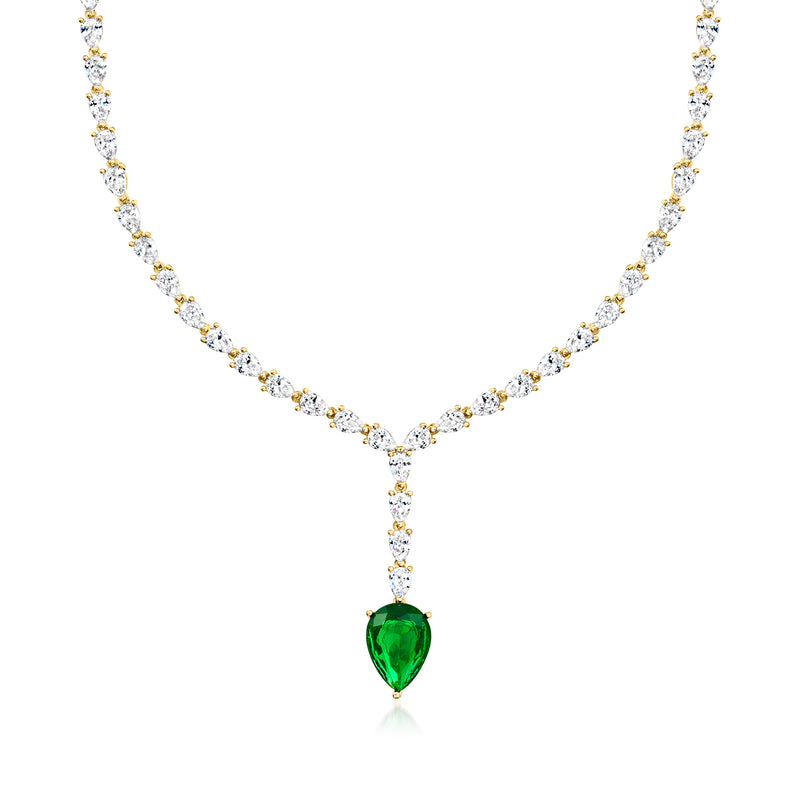 Gold-tone drop necklace with green teardrop center pendant and clear CZ stones