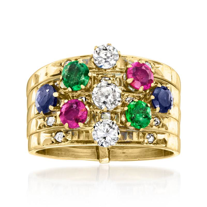 Vintage multi-gemstone and diamond multi-row ring in 14kt yellow gold with oval stones