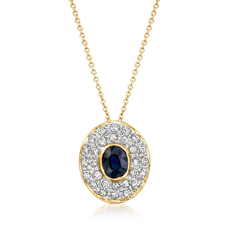 18k yellow gold pendant necklace with round diamond halo and oval blue sapphire