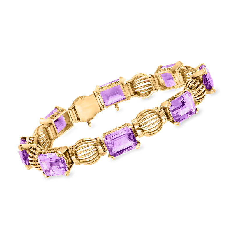 18kt yellow gold amethyst bracelet with square purple stones and ribbed links