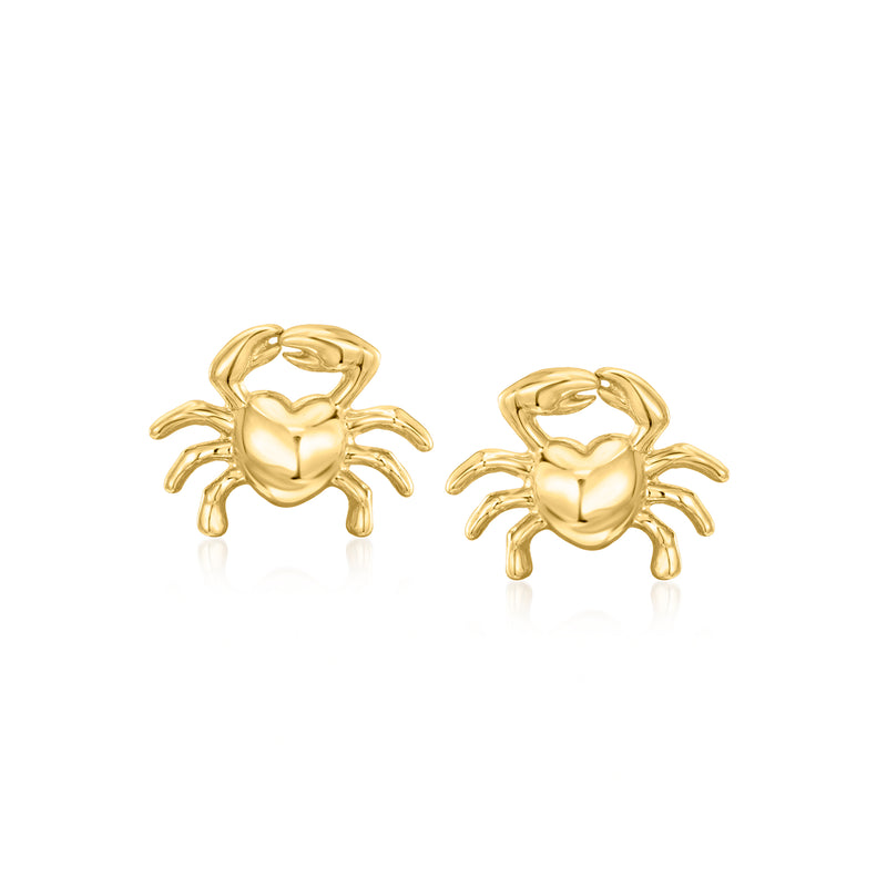 Yellow gold crab stud earrings with heart-shaped body, 14kt posts