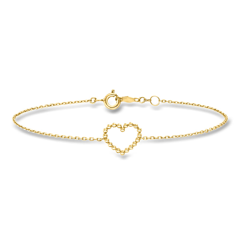 14kt yellow gold beaded heart bracelet with circular clasp
