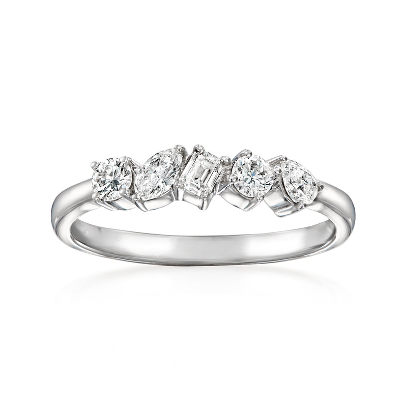 Sterling silver diamond ring with five multi-shaped lab-grown stones