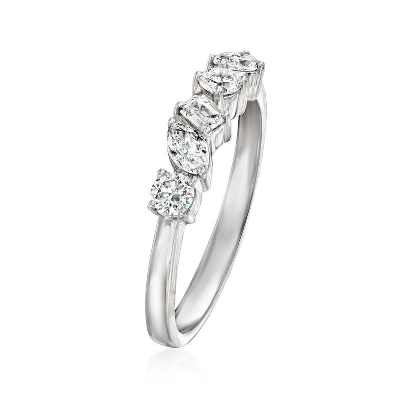 Sterling silver diamond ring with five multi-shaped lab-grown stones, side view