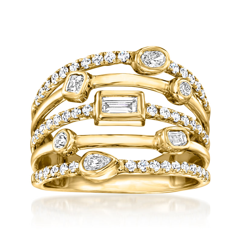 Yellow gold diamond multi-row ring with round stones and a center baguette setting.