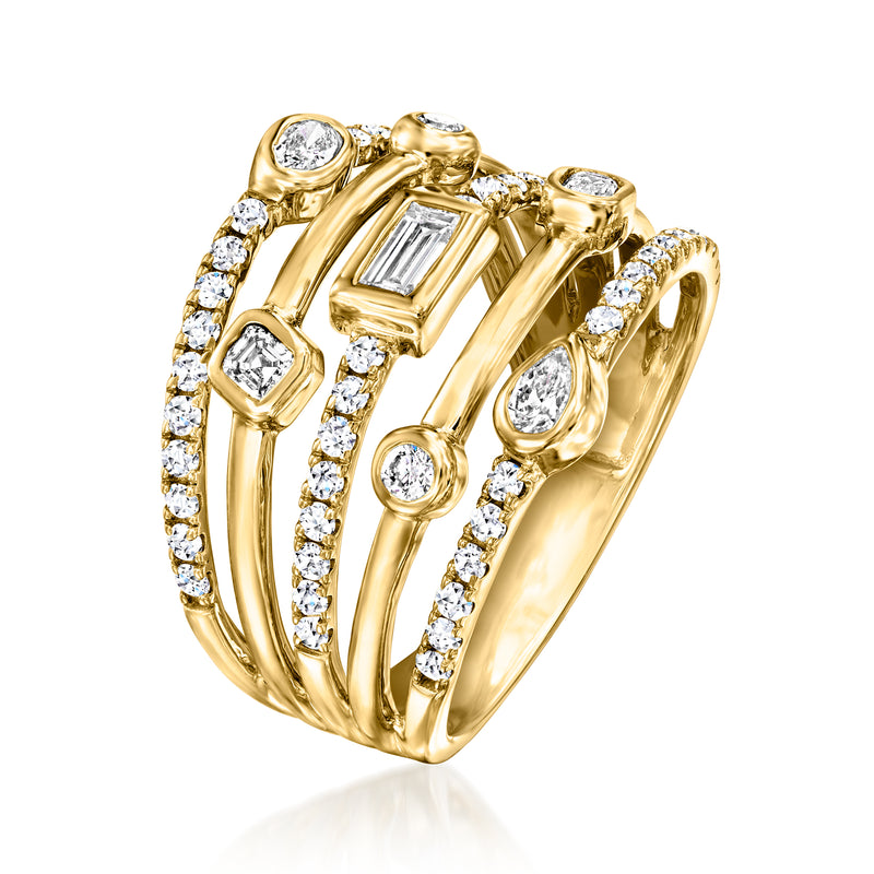 Yellow gold diamond ring with baguette center stone, surrounded by round stone rows.