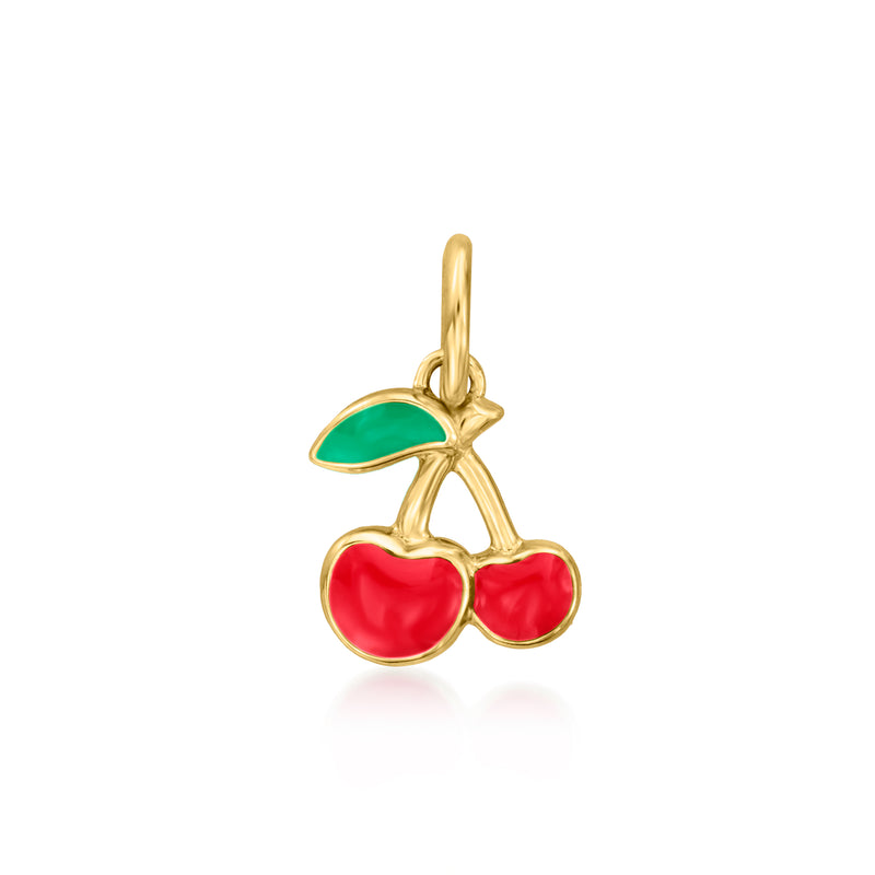 Yellow gold enamel cherry charm with two red cherries and green leaf, hanging loop