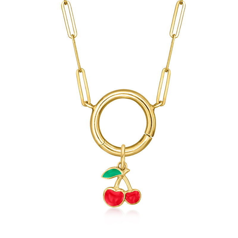 Yellow gold round-link necklace with red enamel cherries and green leaf charm