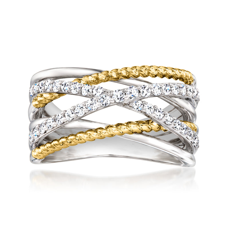 Lab-grown diamond crossover ring in sterling silver and gold over sterling