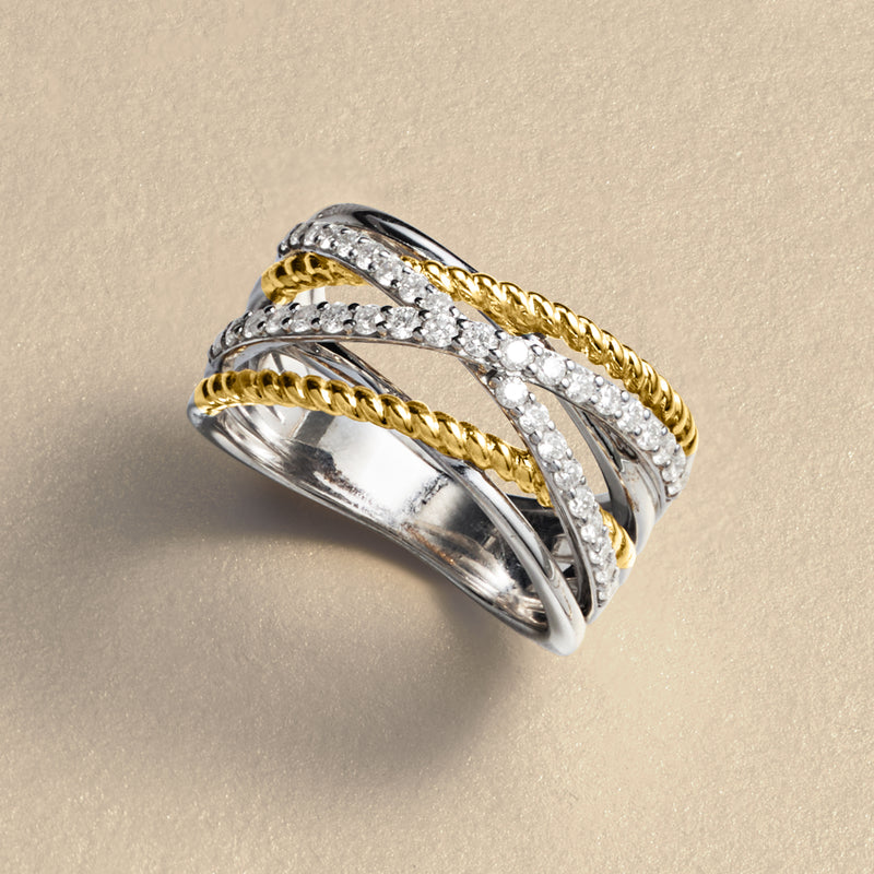 Braided crossover diamond ring in sterling silver and gold over sterling
