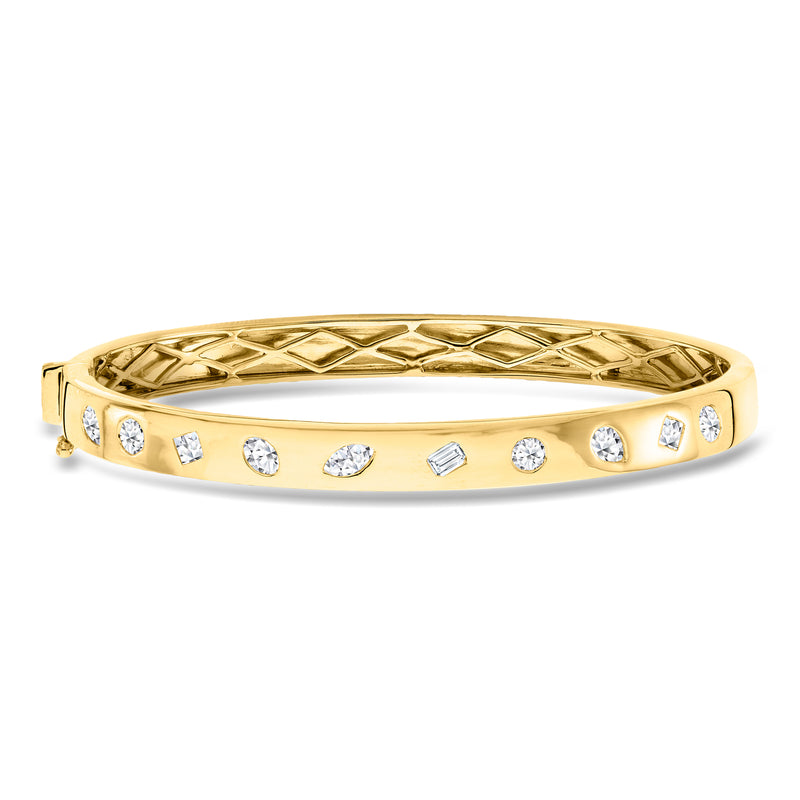 18kt gold over sterling diamond bangle bracelet with assorted shapes and lattice detail