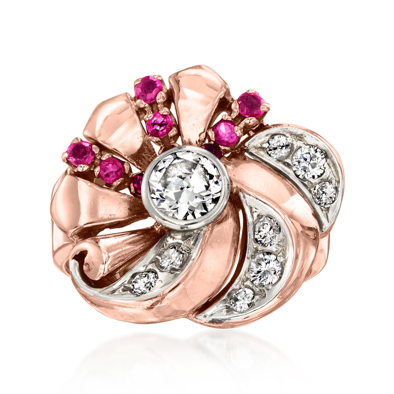 Vintage swirl ring in rose gold with clear center stone, white stones, and magenta ruby accents