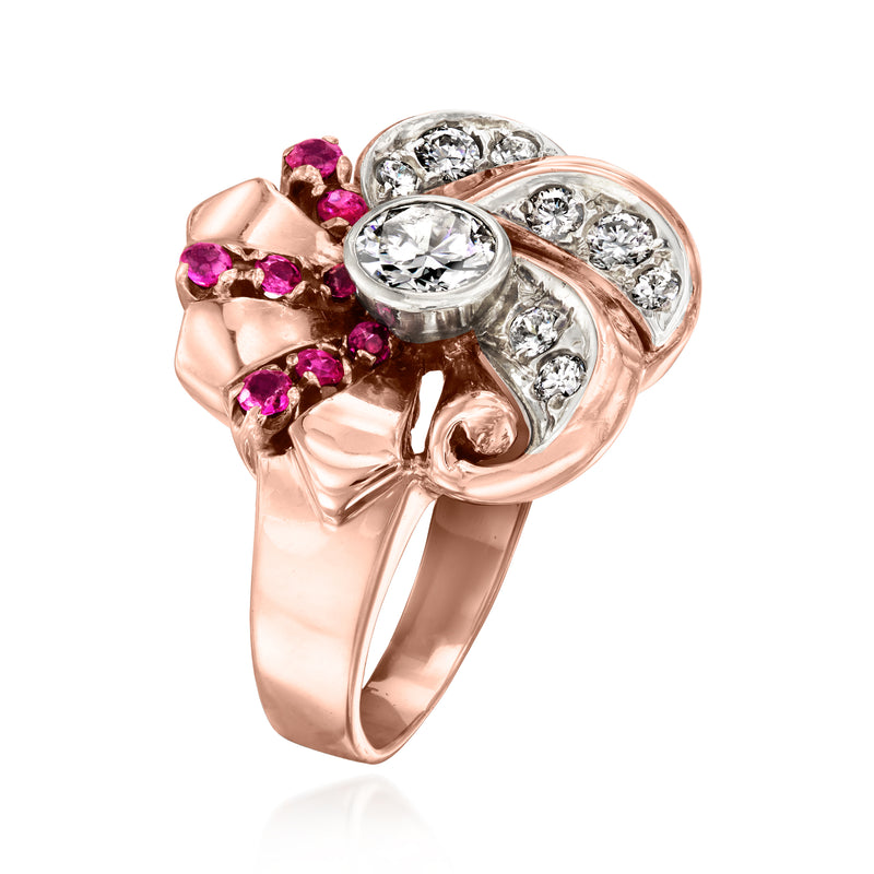 Rose gold swirl ring with clear center stone, halo of white stones, and magenta ruby clusters