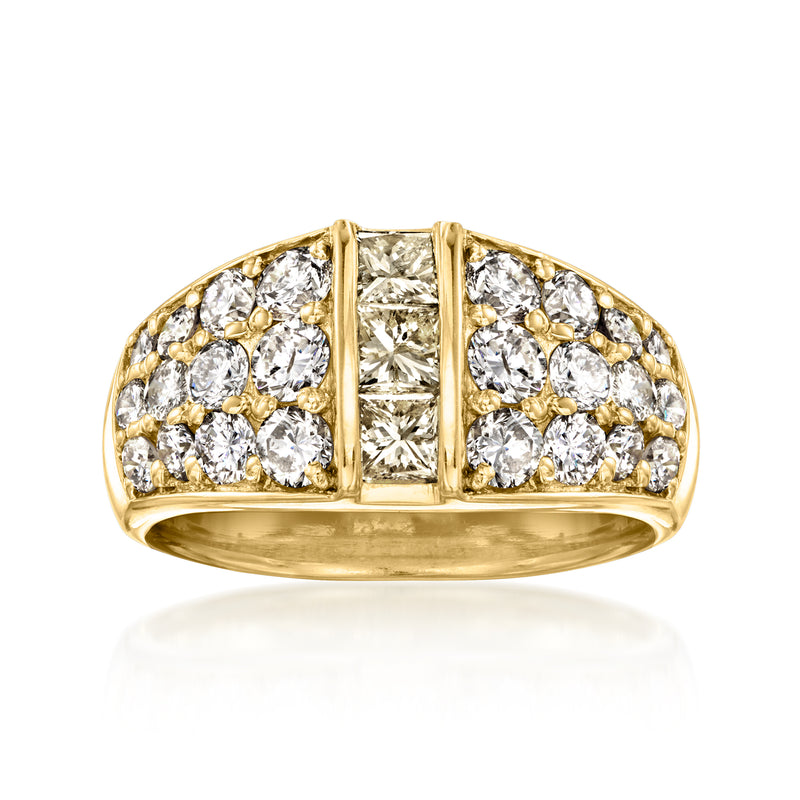 Vintage yellow gold three-row diamond ring with baguette and round stones