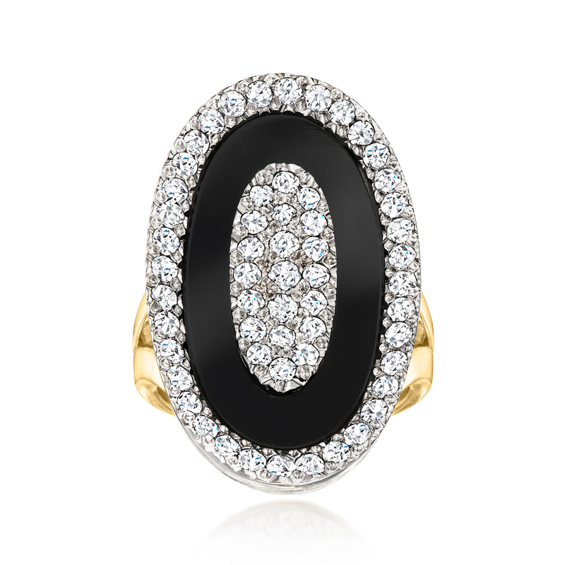 Oval onyx and diamond halo ring in 18kt yellow gold