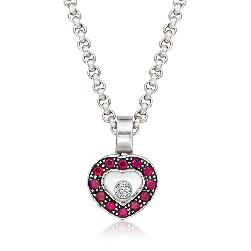Heart pendant necklace with round ruby-stone border and small diamond heart center