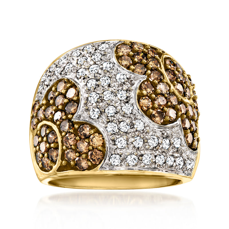 Vintage diamond flower ring in yellow gold with brown and white stones