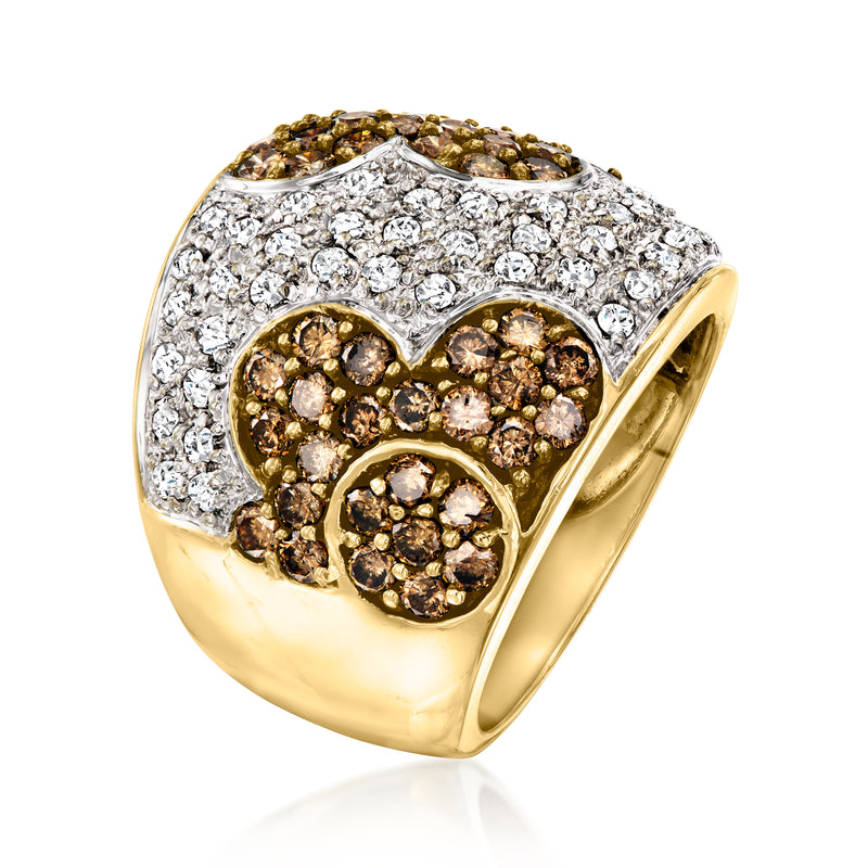 Yellow gold ring with white diamond pave and brown diamond flower clusters