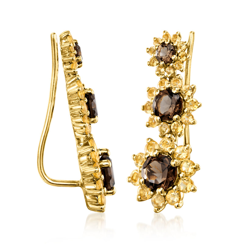 Gold sunflower ear climber earrings with earwire and smoky dark, citrine stones
