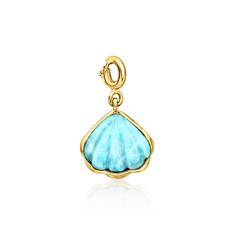 Gold over sterling seashell charm with light blue larimar drop and loop bail