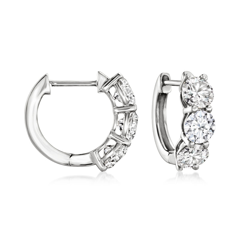 Platinum lab-grown diamond huggie hoop earrings with three round stones