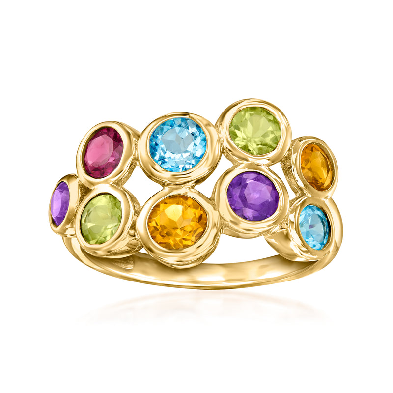 18kt gold over sterling bubble ring with round multi-color gemstones in gold settings