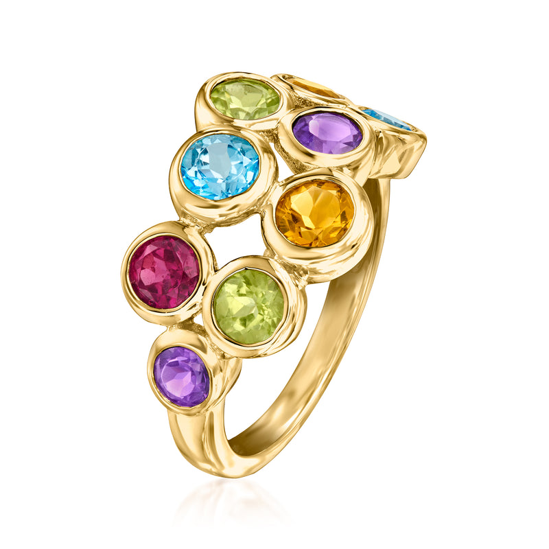Gold bubble ring with round multi-gem stones: blue, purple, green, yellow, pink