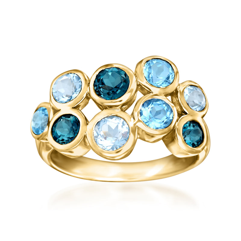 Gold over sterling bubble ring with blue topaz gemstone cluster