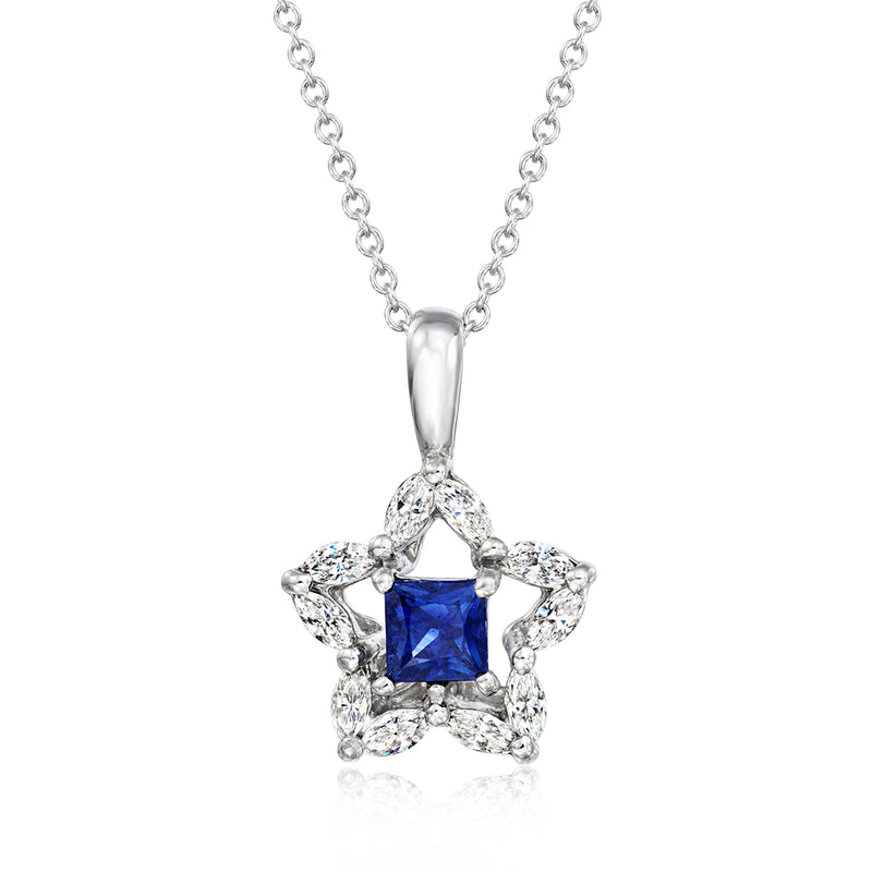 Platinum flower pendant necklace with blue square sapphire center and round diamond petals