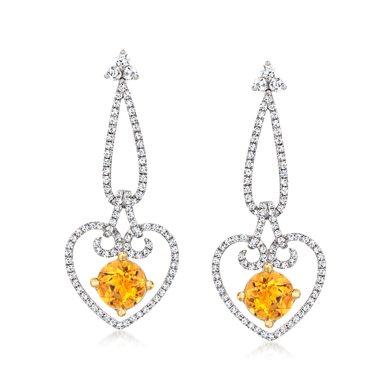 White gold heart drop earrings with citrine teardrop center and diamond halo