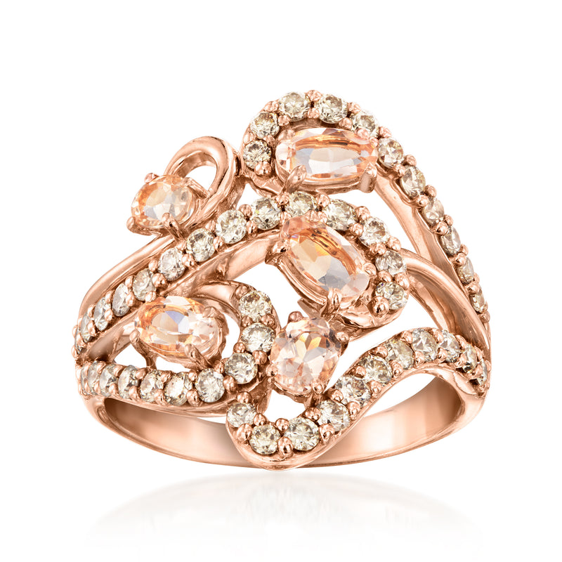 Vintage rose gold swirl ring with morganite center ovals and diamond halos