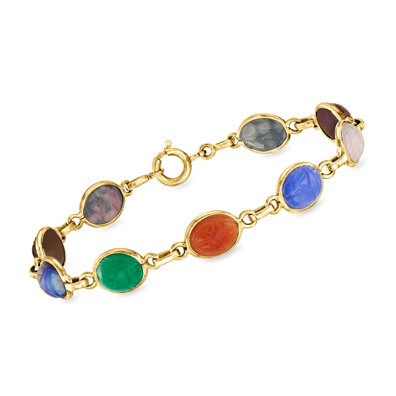 Vintage yellow gold gemstone bracelet with oval multicolor stones and link chain