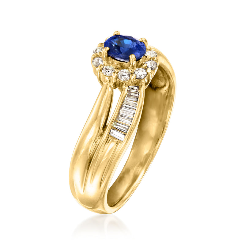 18kt yellow gold ring with oval blue sapphire top and round diamonds, baguette detail band