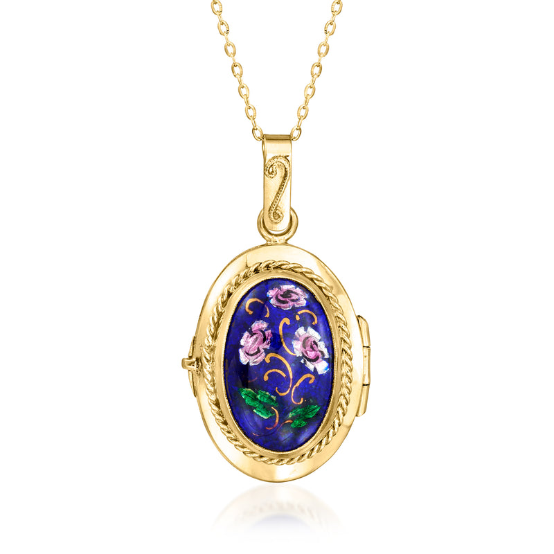Oval 14kt yellow gold locket necklace with blue enamel floral design and chain
