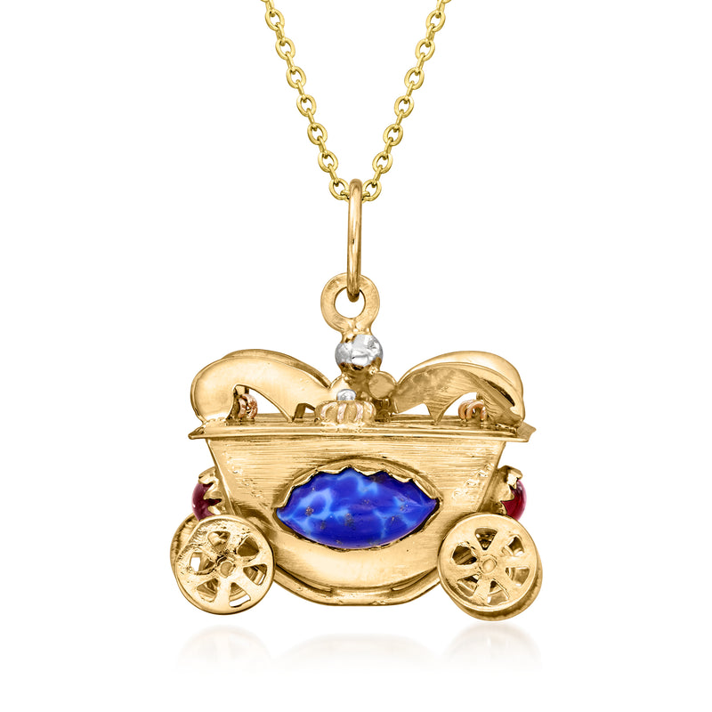 Vintage gold carriage pendant necklace with blue lapis-like and red gemstone accents