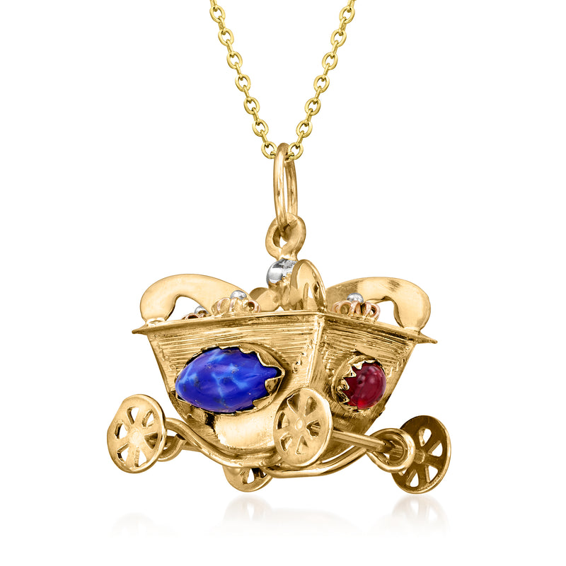 Vintage gold carriage pendant necklace with blue center stone and red side stone