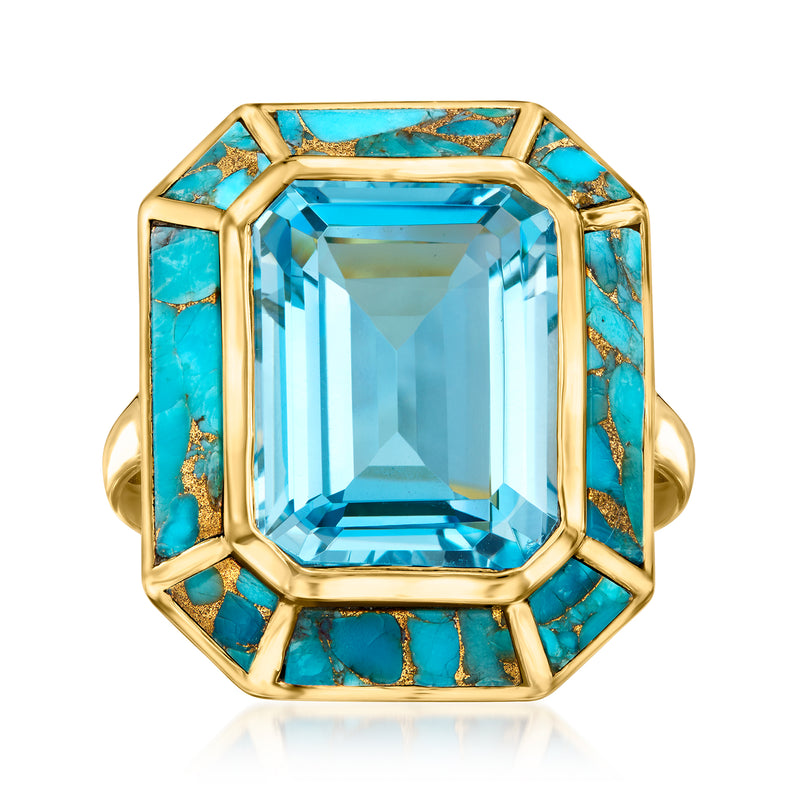 Gold ring with large blue topaz center, turquoise accents, geometric bezel