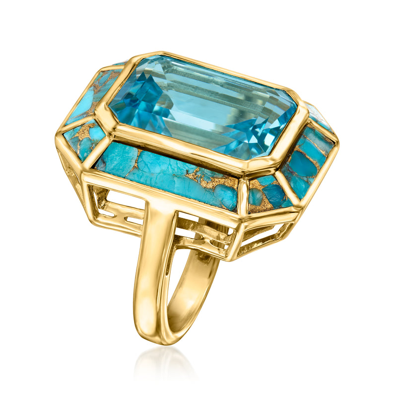 Gold ring featuring rectangular blue-green stone with turquoise side inlays
