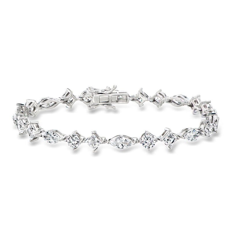 Sterling silver CZ tennis bracelet with multi-shaped stones and hinged clasp